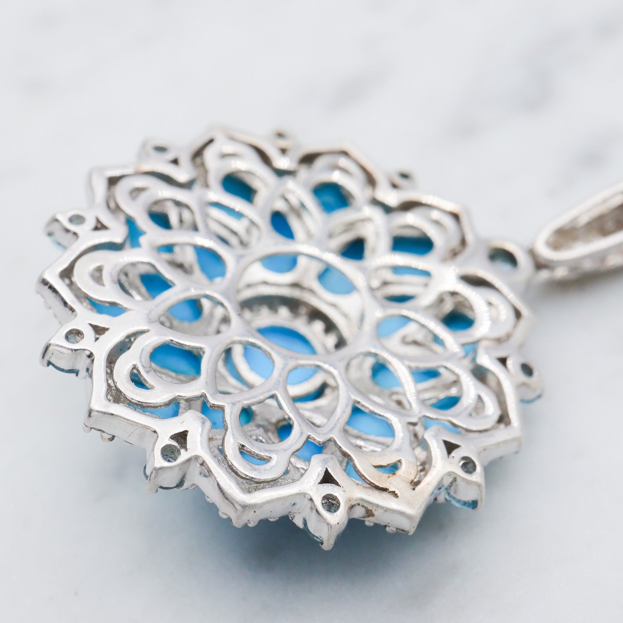 Vintage sterling silver turquoise, blue topaz, & zircon mandala pendant